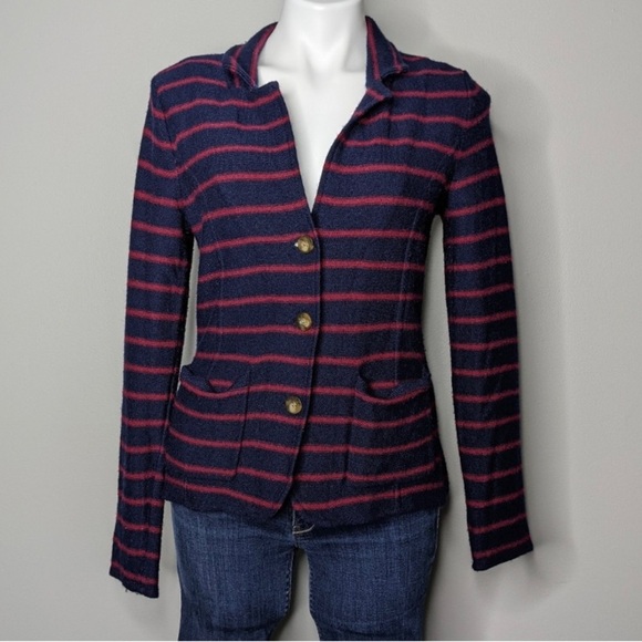 Tahari Merino Wool Blend Black & Blue Stripes Long Sleeves Button Up Cardigan - Picture 7 of 9